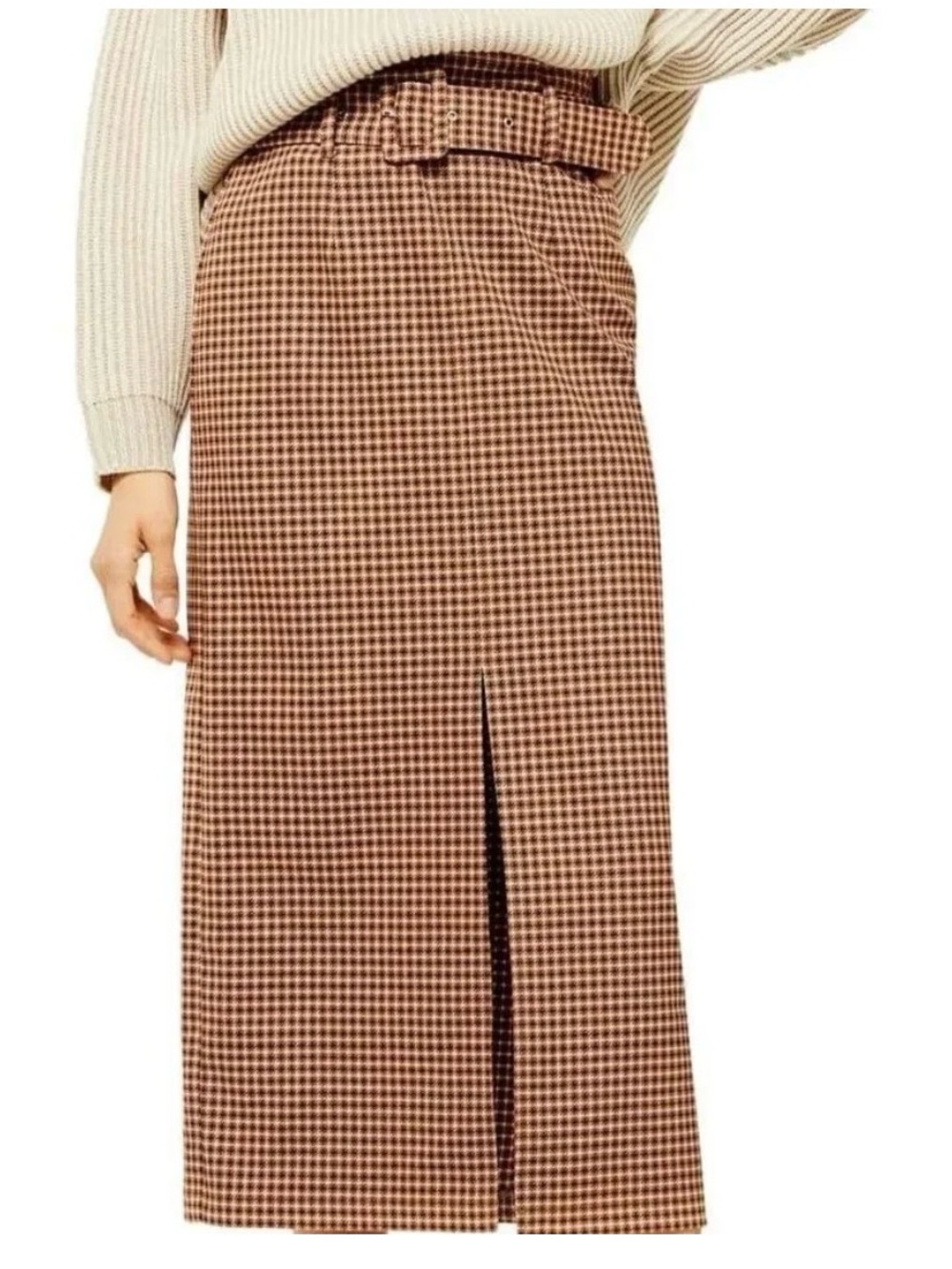 Topshop Belted Houndstooth Check Slit Midi Skirt - Brown - US 12 High Waisted